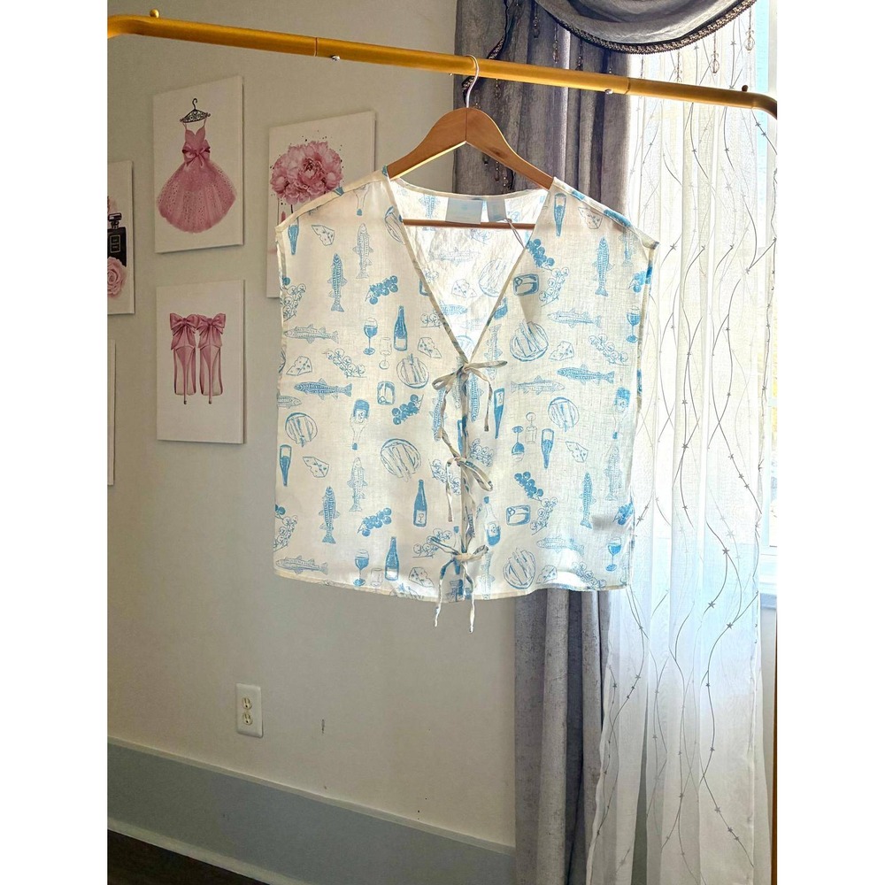 Cynthia Rowley Linen Tie Front Vest‎ Top Blue White Mediterranean Print Large